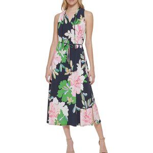 Tommy Hilfiger Isla Floral Midi Dress Sky Captain Bloom Tie Front Women's Size 8